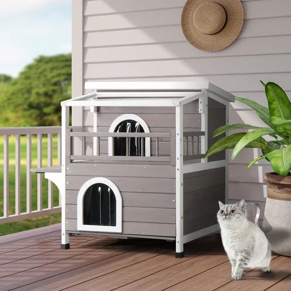 Wooden Cat house 2-Story Indoor Outdoor Luxurious Cat Shelter House with Transparent Canopy,Double escape door, Grey&White