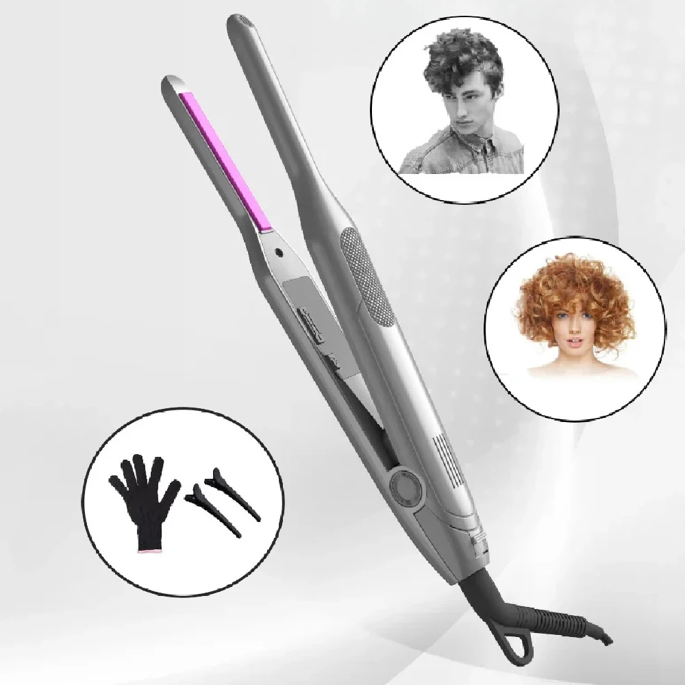 Portable Hair Straightener Comb Pencil Hair Curler Two in One Ceramic Thinnest Narrow Flat Iron with LED Display for Short Hair