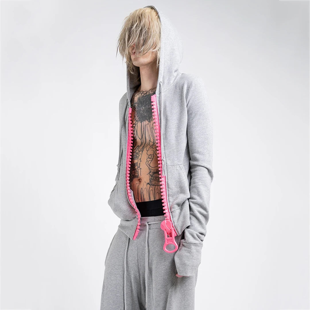 Damen Frühlings- und Herbst-Streetwear Einfarbiger Großer Ring-Zipper Weitgezahnter Reißverschluss Kapuzen-Cardigan Hoodie Gothic Y2K Casual – Detail 4