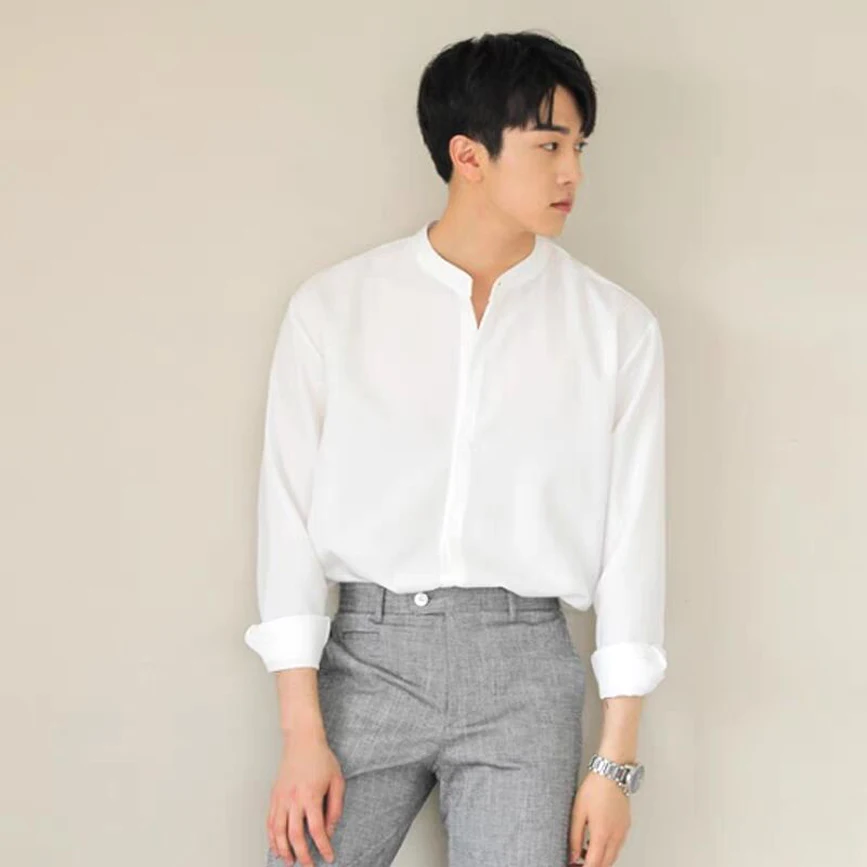 

Slim Fit Long Sve Ice Silk Chiffon irt Men's Stand Collar Design Sense k Buttoning Anti-Wrinkle Youth Faion irt