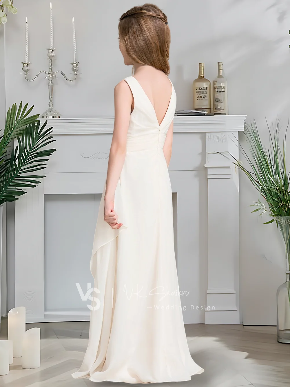 Элегантное шифоновое платье трапециевидной формы длиной до пола для подружек невесты с каскадными оборками Красивое платье с цветочным узором для девочек на свадьбу