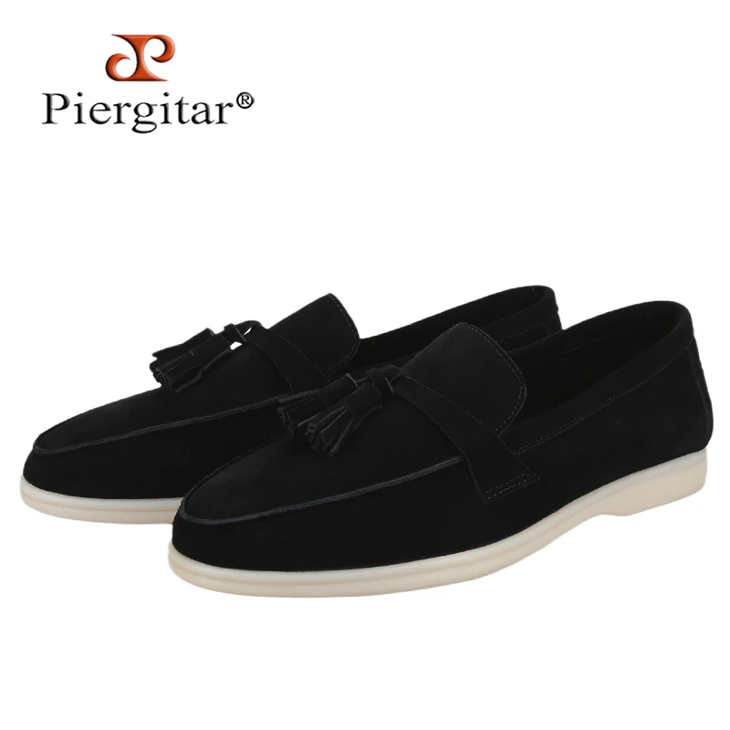Piergitar New Style Black Suede Men Tassels Loafers LP Brand Same Model Handmade Walk Sneakers With Cream Colored Non-Slip Sole