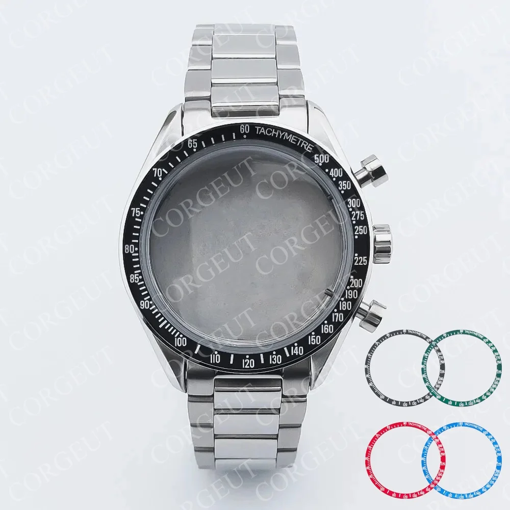 40mm VK63 Silver Watch Case Blue Green Black Silver Insert With Coated Glass For VK63 Quartz Chronograph Movement Steel Bracelet