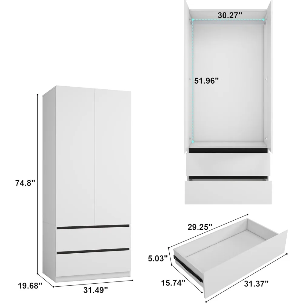 Bedroom Armoire Wardrobe Closet with 2 Doors: 75