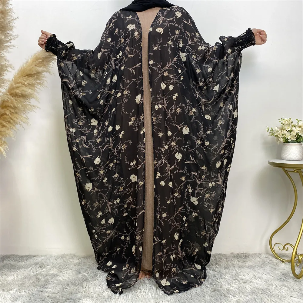 Women Batwing Sleeve Abaya Dubai Open Front Kaftan Farasha Style Long Dress Muslim Cardigan Floral Printed Caftan Islamic Clothe