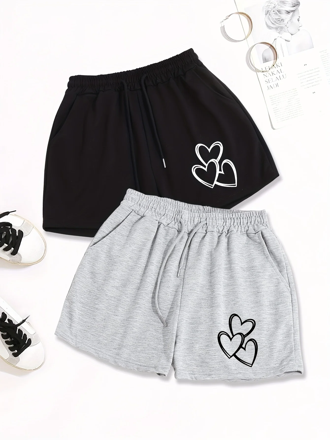 Ladies' Y2K Style Heart-shaped Drawstring Shorts - Casual Loose Fit with Pockets, Machine Washable -2-piece Set