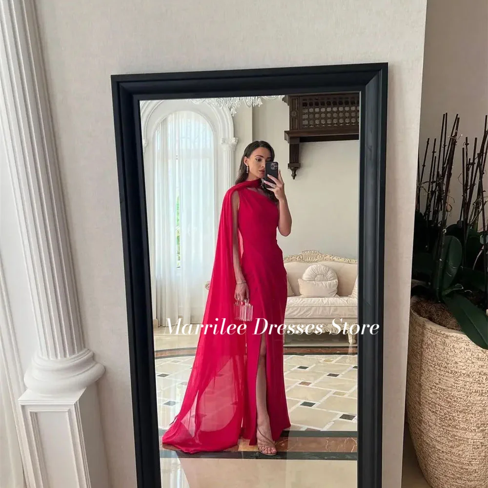 Marrilee Charmant Rood Een Schouder Chiffon Prom Jurken Eenvoudige A-Line Hoge Zijde Split Mouwloze Avondjurken Vestidos De Fiesta