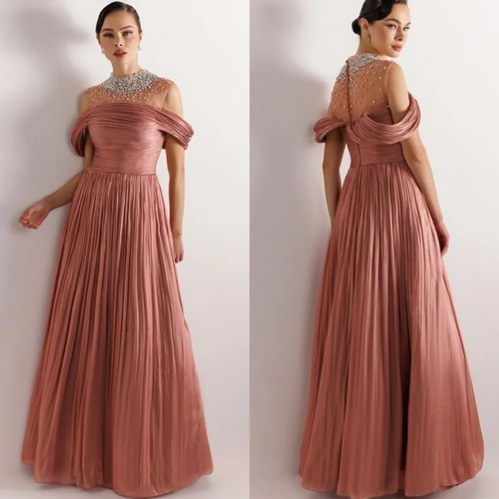 Customized Intricate Sparkle Chiffon Pleat Ruched Draped Rhinestone A-line High Collar Long Dresses Evening Dresses High Quality