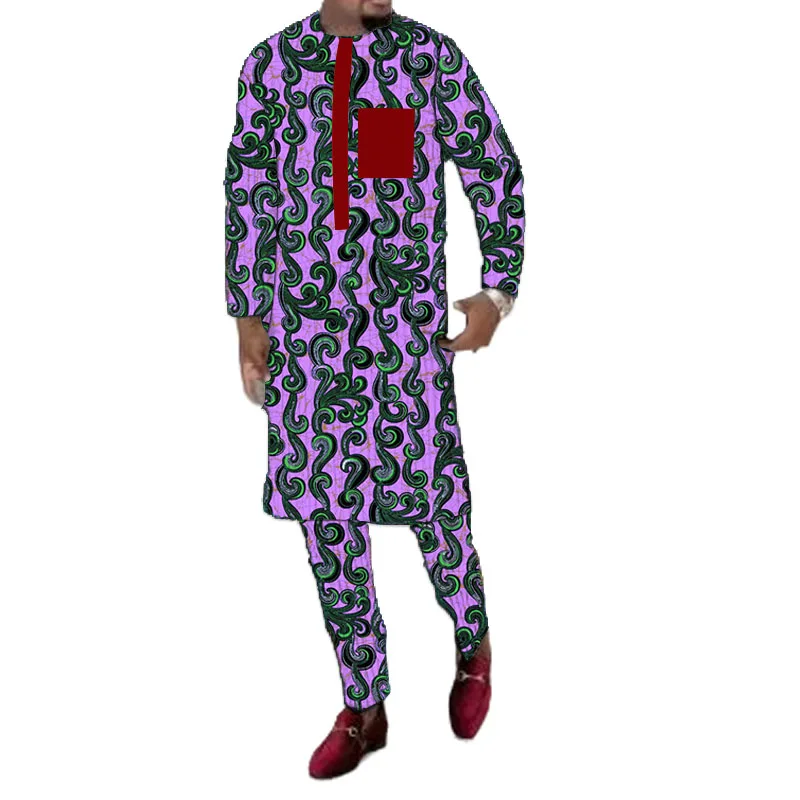Red Pocket Decorated Shirts + Trousers African Couture Men's Set Original Design Print Customized Nigerian Trends Party Outfits