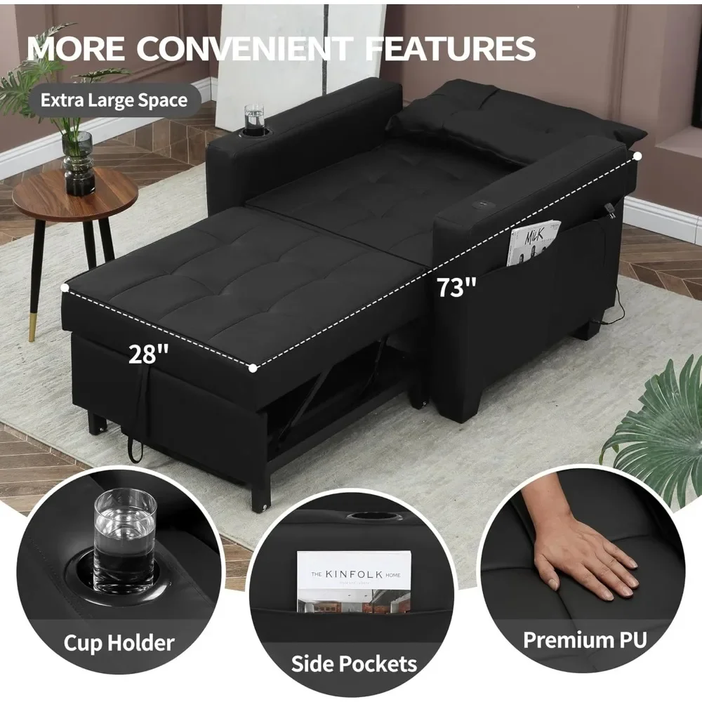 39 inch Futon Chair Bed Convertible Chair 3-in-1 Pull Out Sleeper Reading Chair Beds with USB, Armchair Sleeper Bed