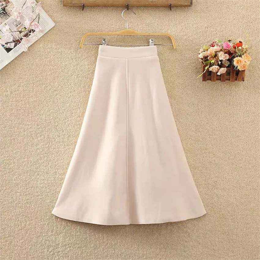 Gowyimme Spring Autumn Vintage Women High Waist Suede Skirt Girl Midi-long A-line Solid Skirts Bottomings Retro Big Swing PD1744