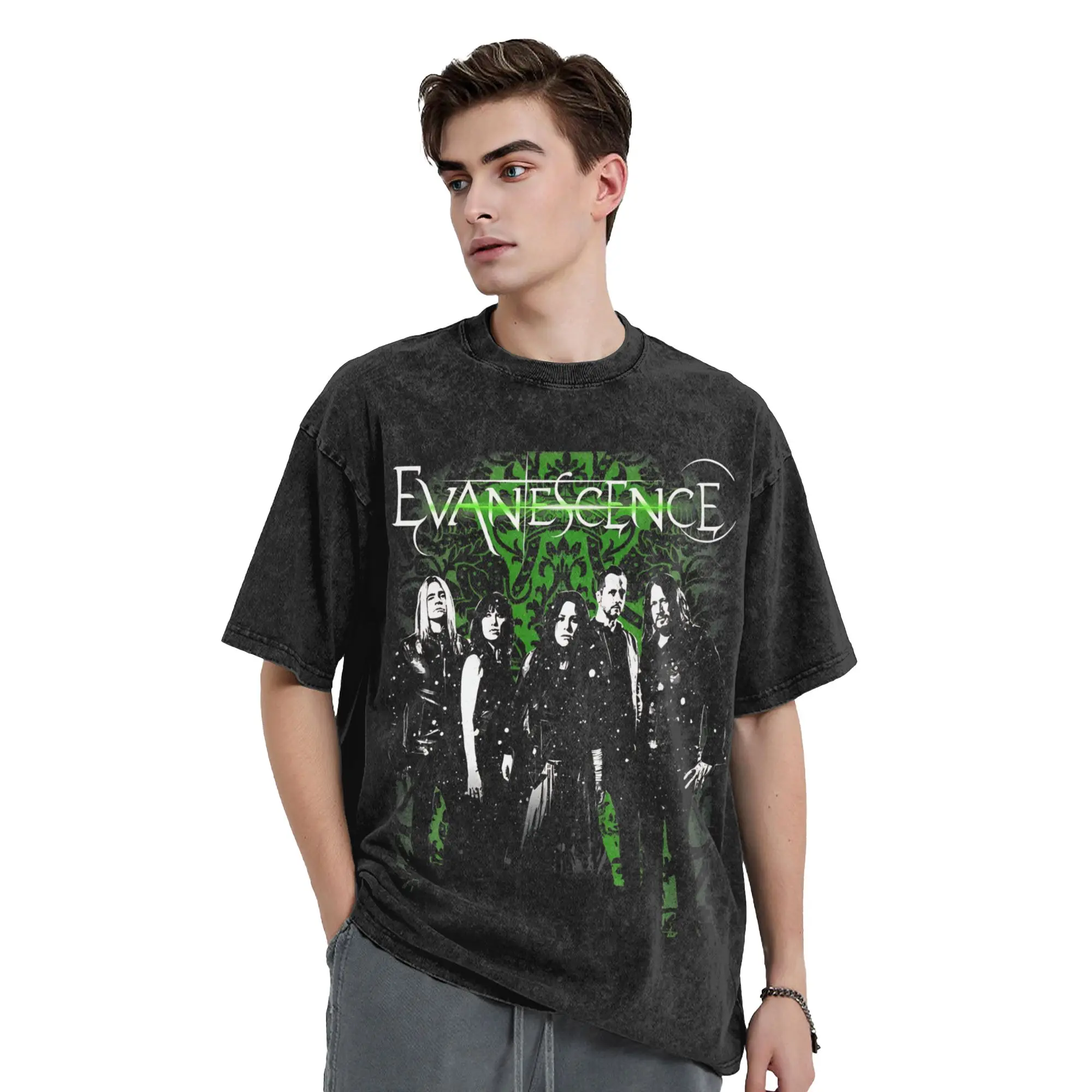 Evanescence Band Photo Green T Shirt Hip Hop Washed Short Sleeve Street T-Shirts  Novelty Men Women Tops Streetwear Summer Tees
