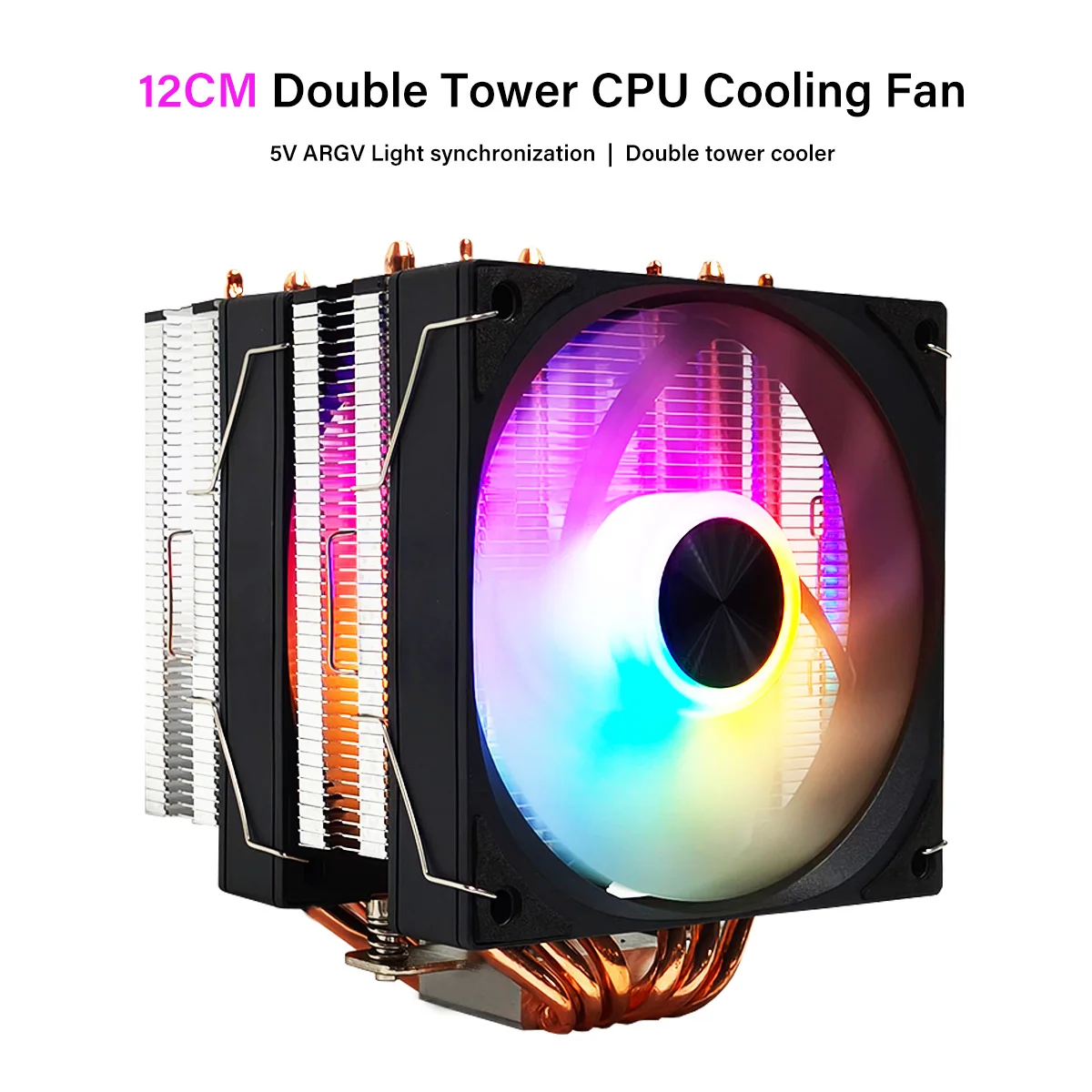120mm dual-tower computer CPU cooler fan supporting ARGB PWM temperature control, six copper-tube tower-style air-cooling system
