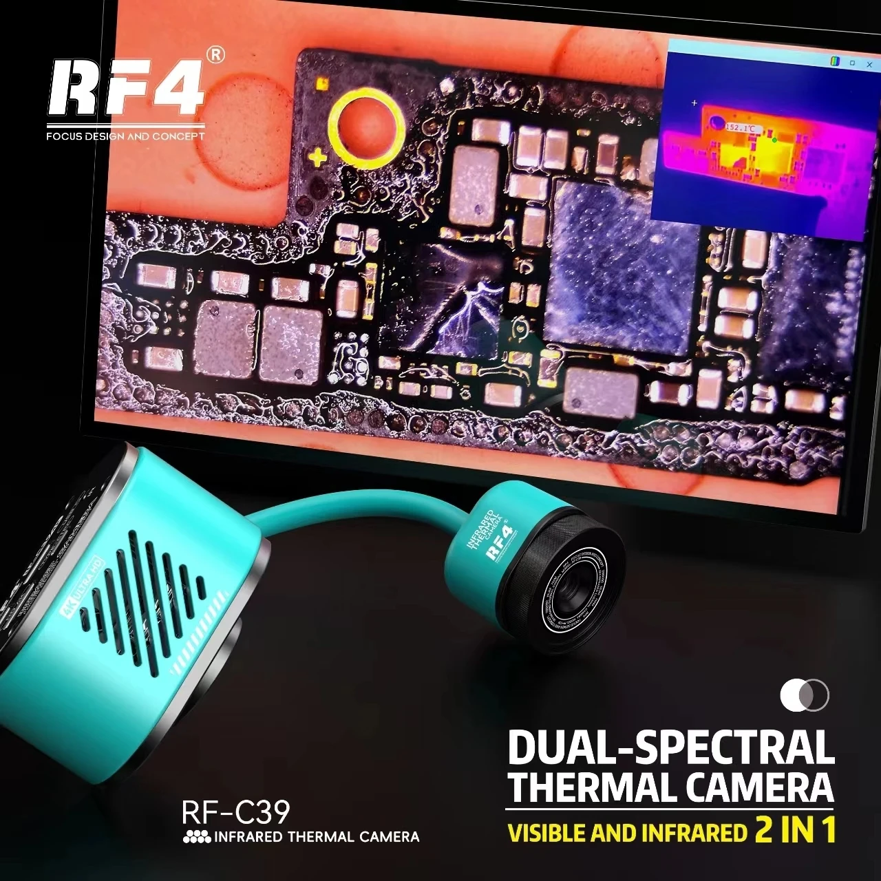 

RF4 RF-C39 4K HD 1080P 60FPS HDMI USB Microscope Camera Visible Infrared Dual-Spectral Thermal Imaging Camera PCB Fault Detect