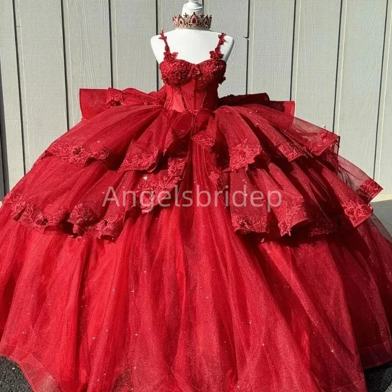 Angelsbridep-Vestido Quinceanera em camadas vermelhas, cintas de espaguete, apliques, vestido de baile luxuoso, vestido de noite, 2022