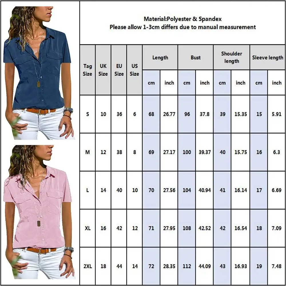 Women New Casual Shirts Summer Vintage Lapel Short Sleeve Front Pockets Blouse Ladies Streetwear Solid Color Buttons Slim Tops