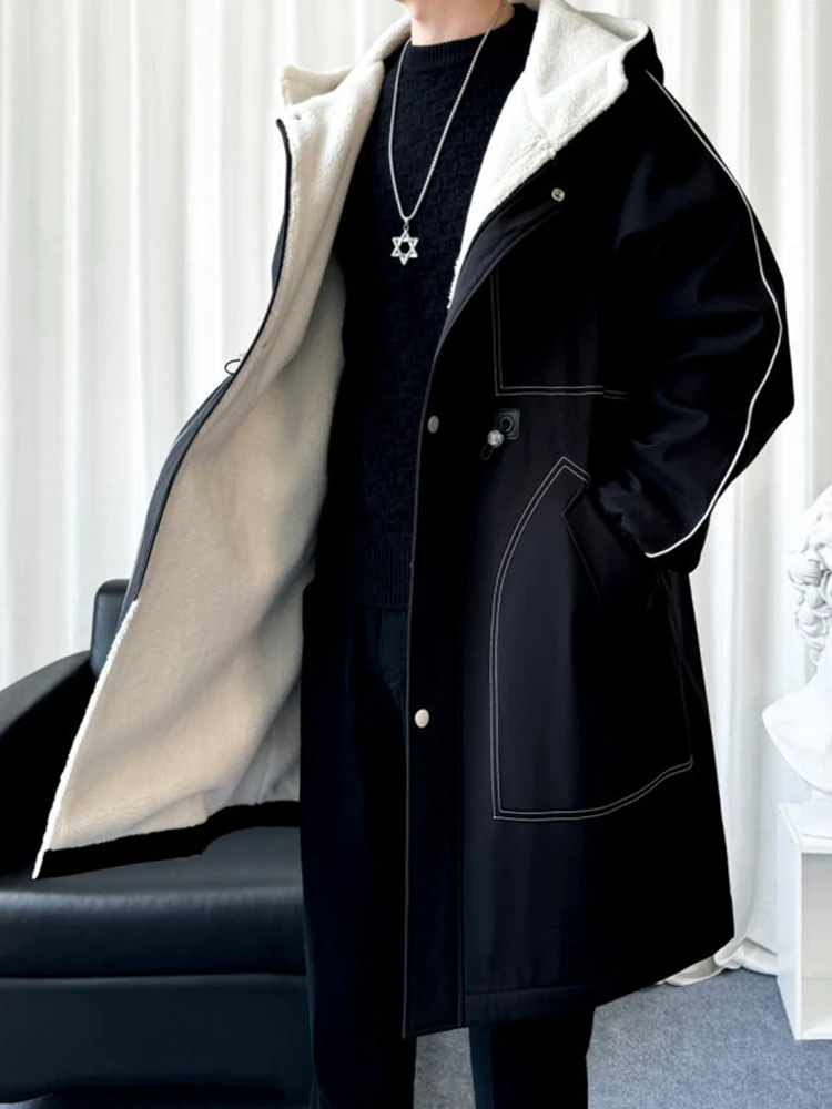 

Thiened Fce Lamb Velvet Men's Coat Autumn Winter High Sensation Cool Hooded Windbreaker Overcoat Mid-Length Jaet