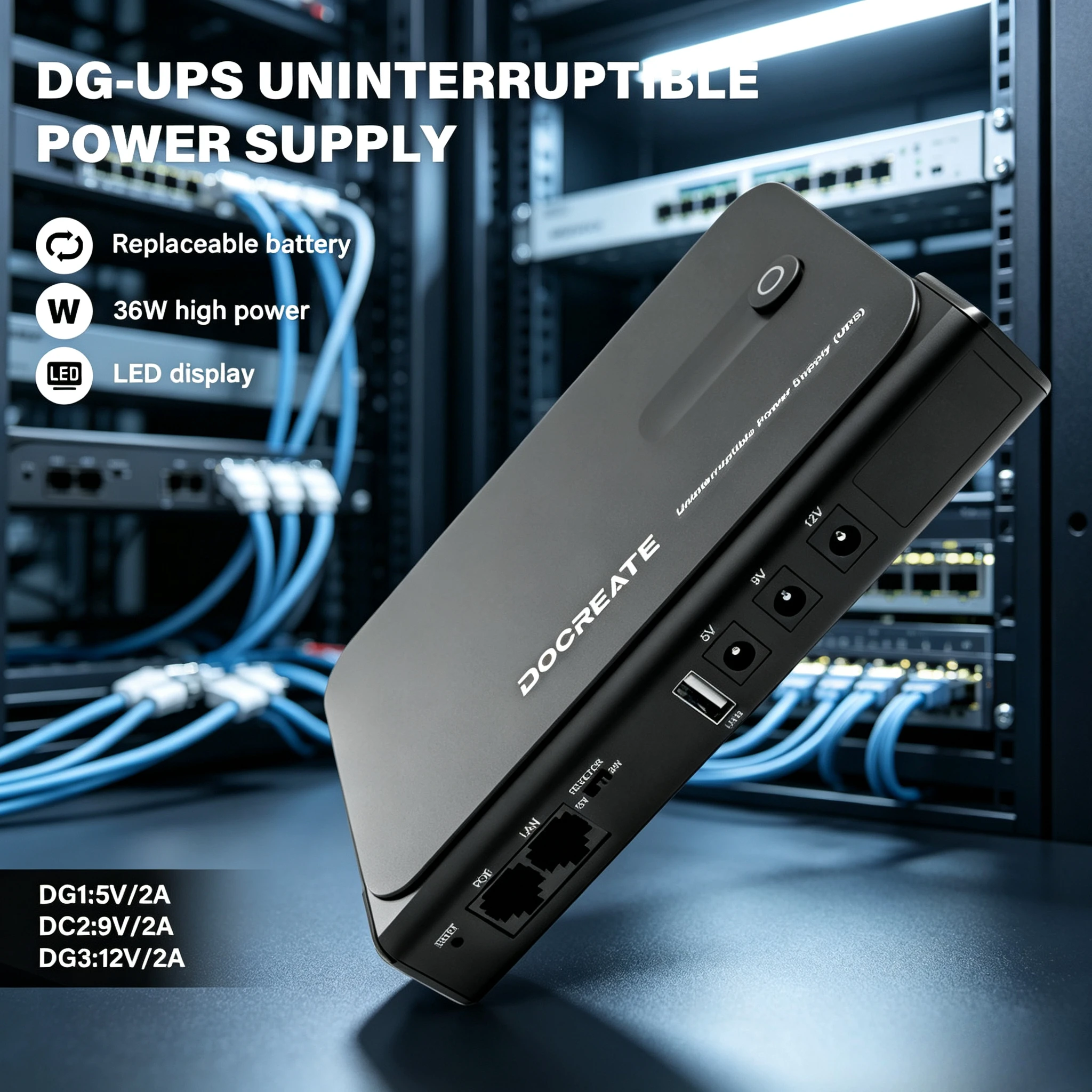 New EU Plug DC1036L UPS Uninterruptible Power Supply 36W 5V-24V Output 18650 Replaceable Battery for Router NAS Modem & Network