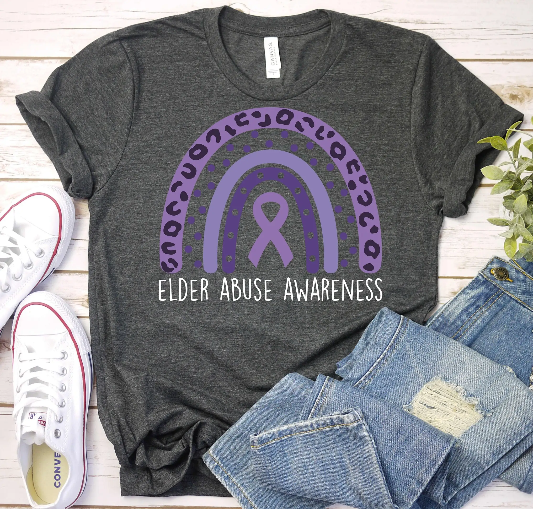 Elder Abuse Awareness Month T Shirt Purple Rainbow Ribbon Stop Elderly Care