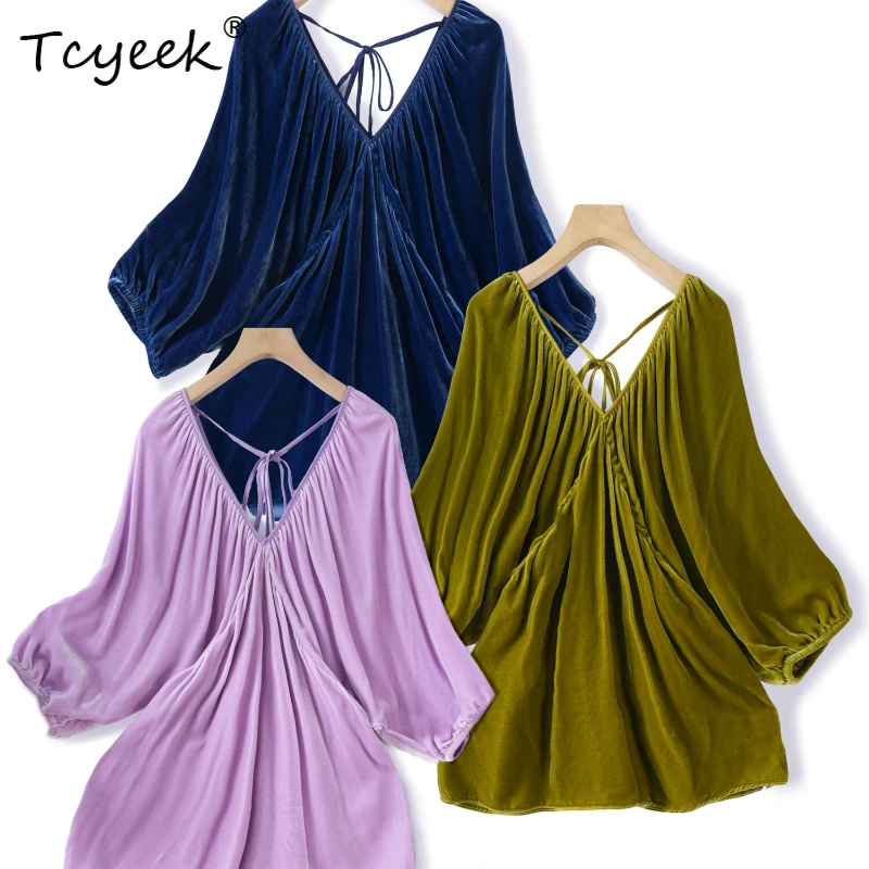 

Tcyeek 100% Mulberry Silk Spring Autumn Velvet Seven Quarter Sleeve Solid Color V-neck Loose Fit Women's Shirts Женская Одежда