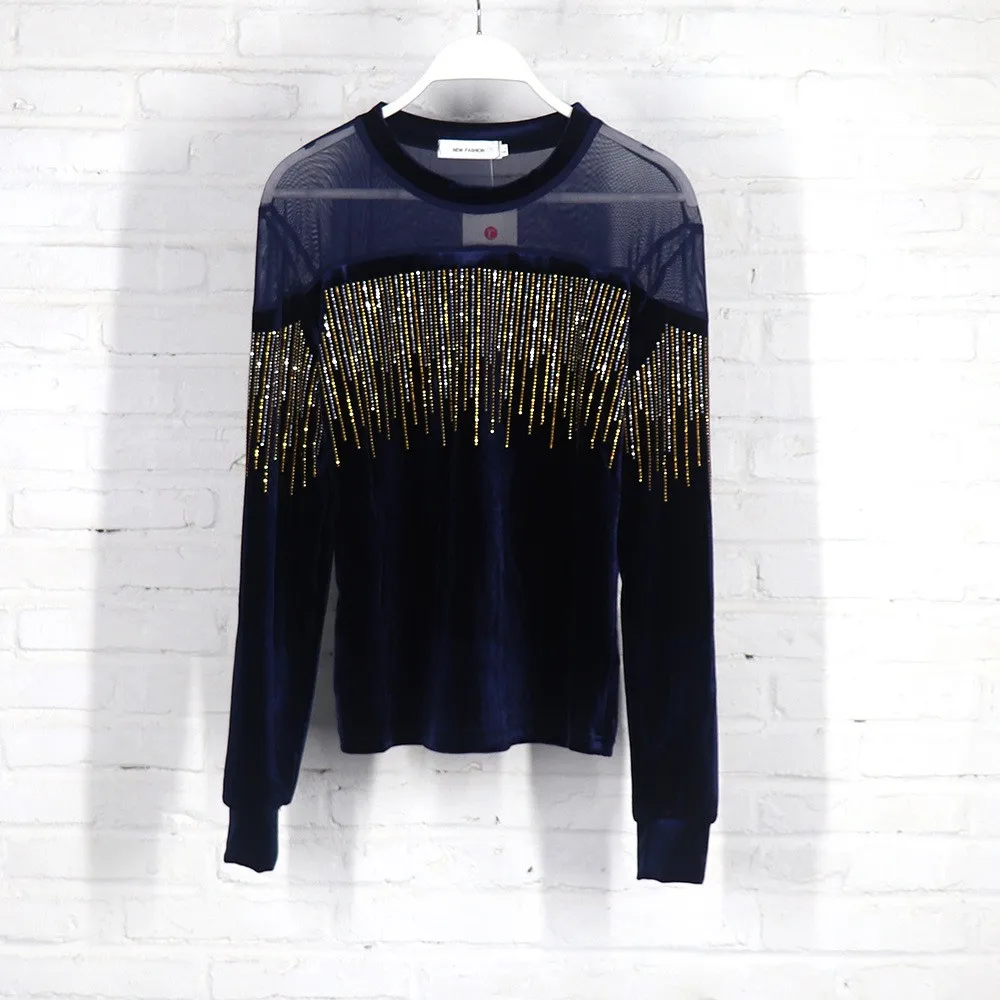 Abito da donna pleuche elasticizzato alla moda con pantaloni decorativi a maniche lunghe con perline di diamanti