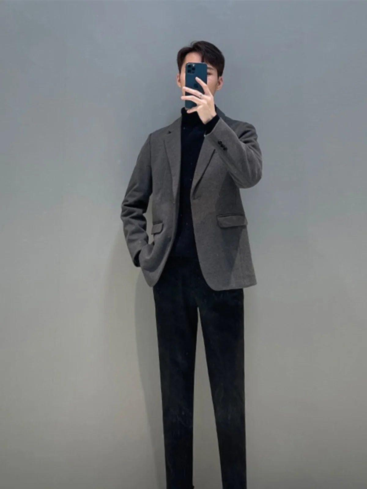 

Men's Woolen Suit Jaet Autumn Winter Thi Casual Busin Sle Classic Single Button Plaet Pure Color Stand Fit