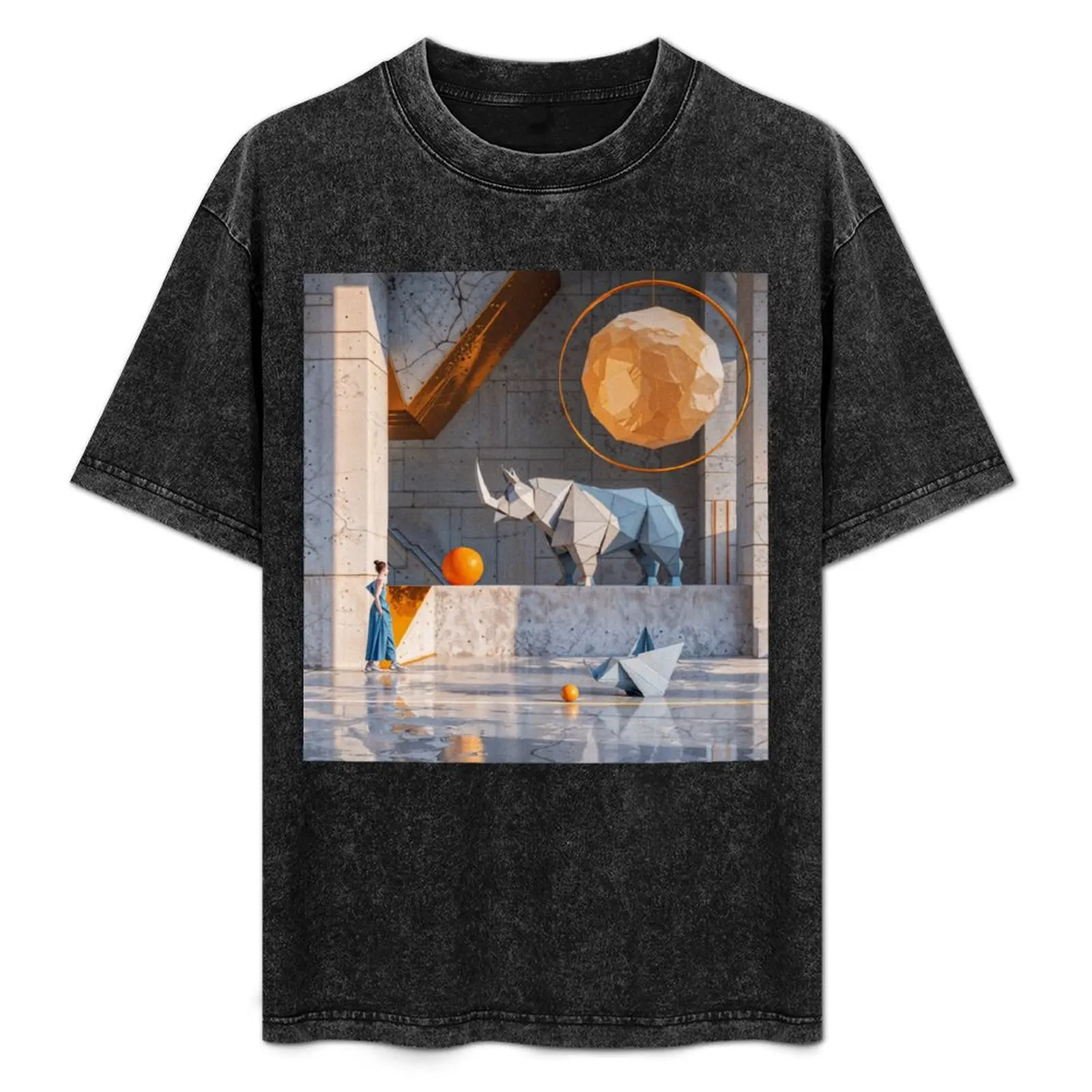 

Animals geometry and minimalism: Rhinoceros and woman T-Shirt Comfortable Basic Crew Neck Tee