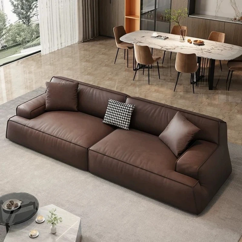 

Sofa leather living room simple modern small apartment Italian minimalist model room straight row leather art sofa
