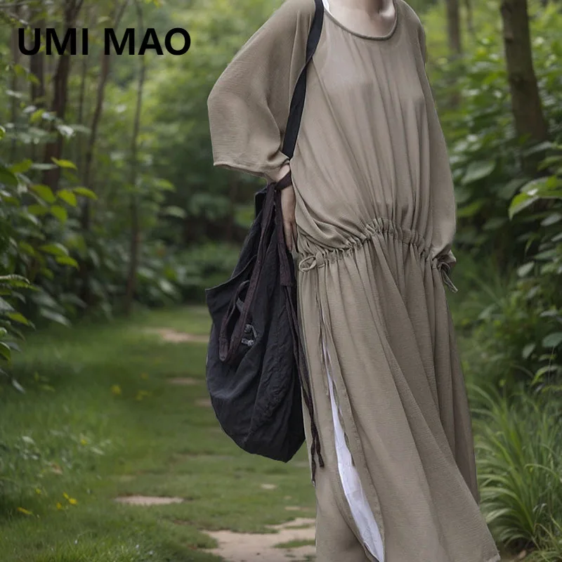 

UMI MAO Dress Femme Spring Summer Skin Friendly Elegant And Flowing Loose Drawstring Tie Pleated High Slit Dress Women