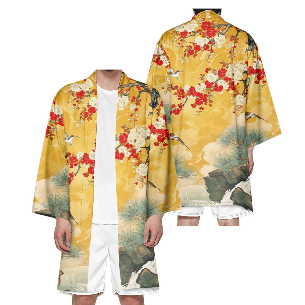 Kimono Samurai Yukata, Kimono mode Jepang, Kimono panjang Unisex, Haori, Retro, kardigan, cetakan lanskap, musim gugur