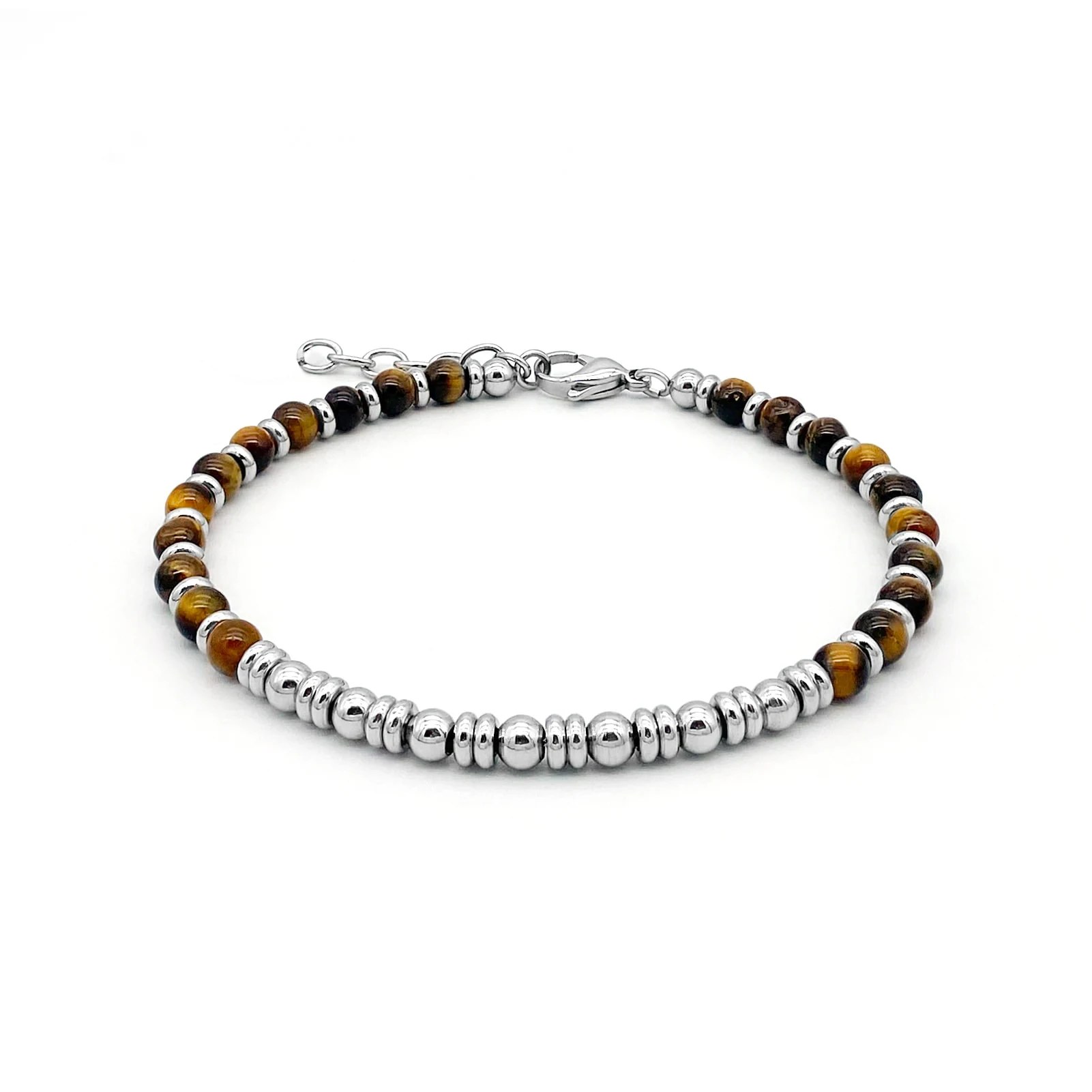 Runda Tiger's eye Bead 4mm with Stainless Steel 22cm Handmade Natural Stone Bracelet for Men