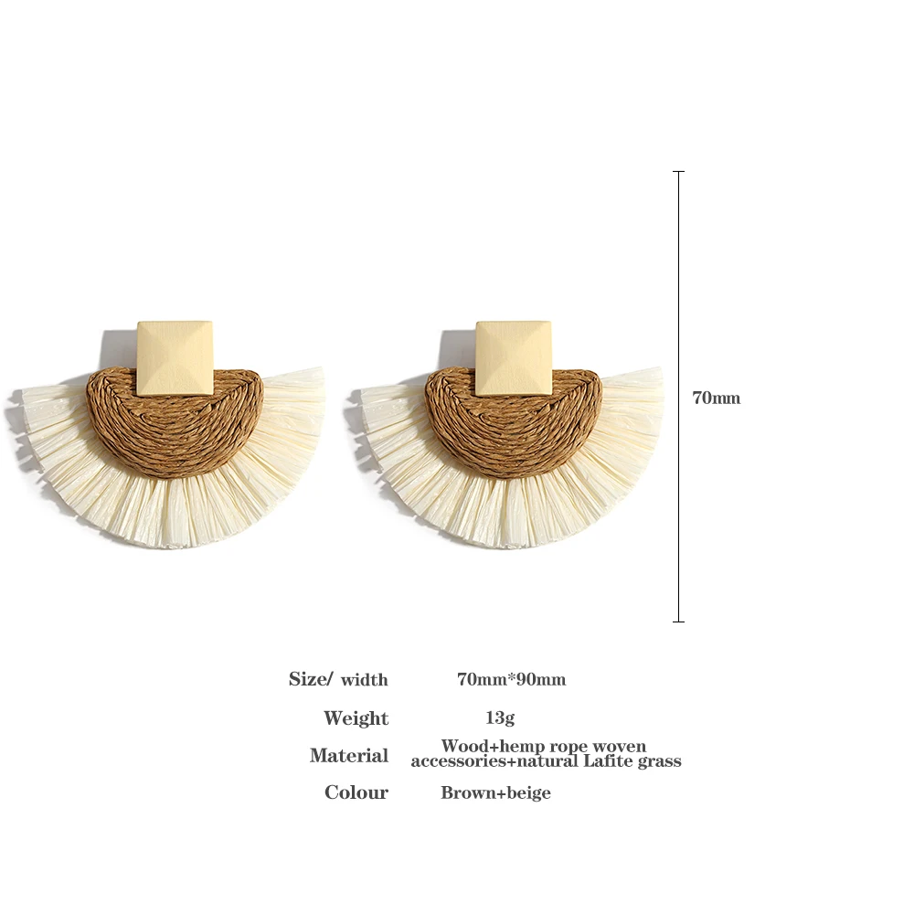 AENSOA Natural Raffia Woven Fan Shaped Drop Earrings for Women Lightweight Handmade Geometric Wooden Earrings Beach Jewelry Gift