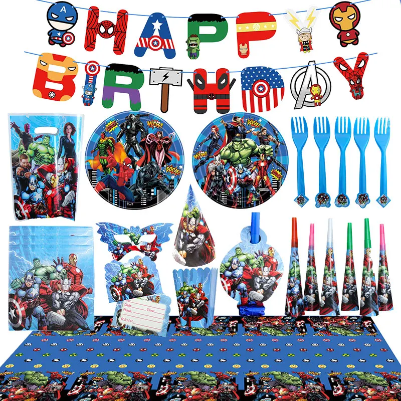 Decorazioni per feste di compleanno Marvel The Avengers forniture per feste per bambini Set di stoviglie palloncini Banner tovaglia sfondo supereroe