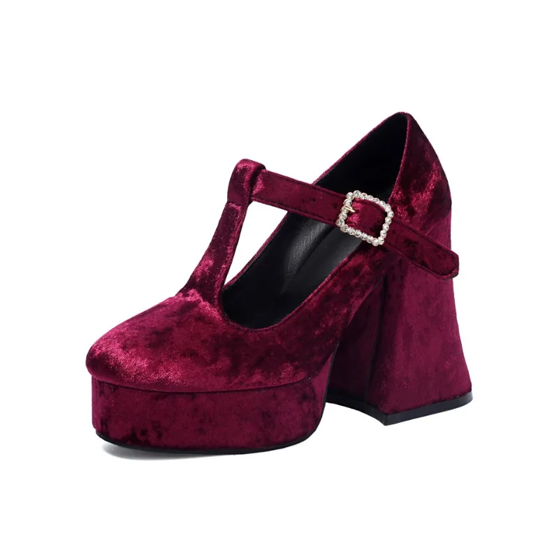 

Lolita High Heel Flared Heel Strap Velvet Elegant Mary Janes Large Size Shoes 34-43