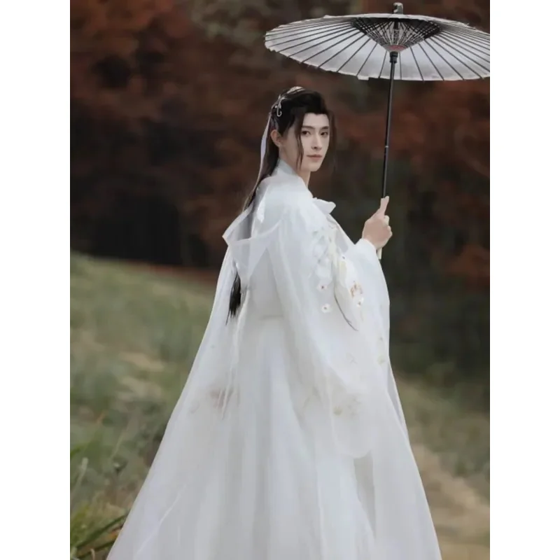 زي هانفو للرجال ثوب مطرز باللون الأبيض النسر عباءة للجنسين من سلالة مينغ الصينية برقبة دائرية رداء الأمراء النبيلة أزياء تنكرية