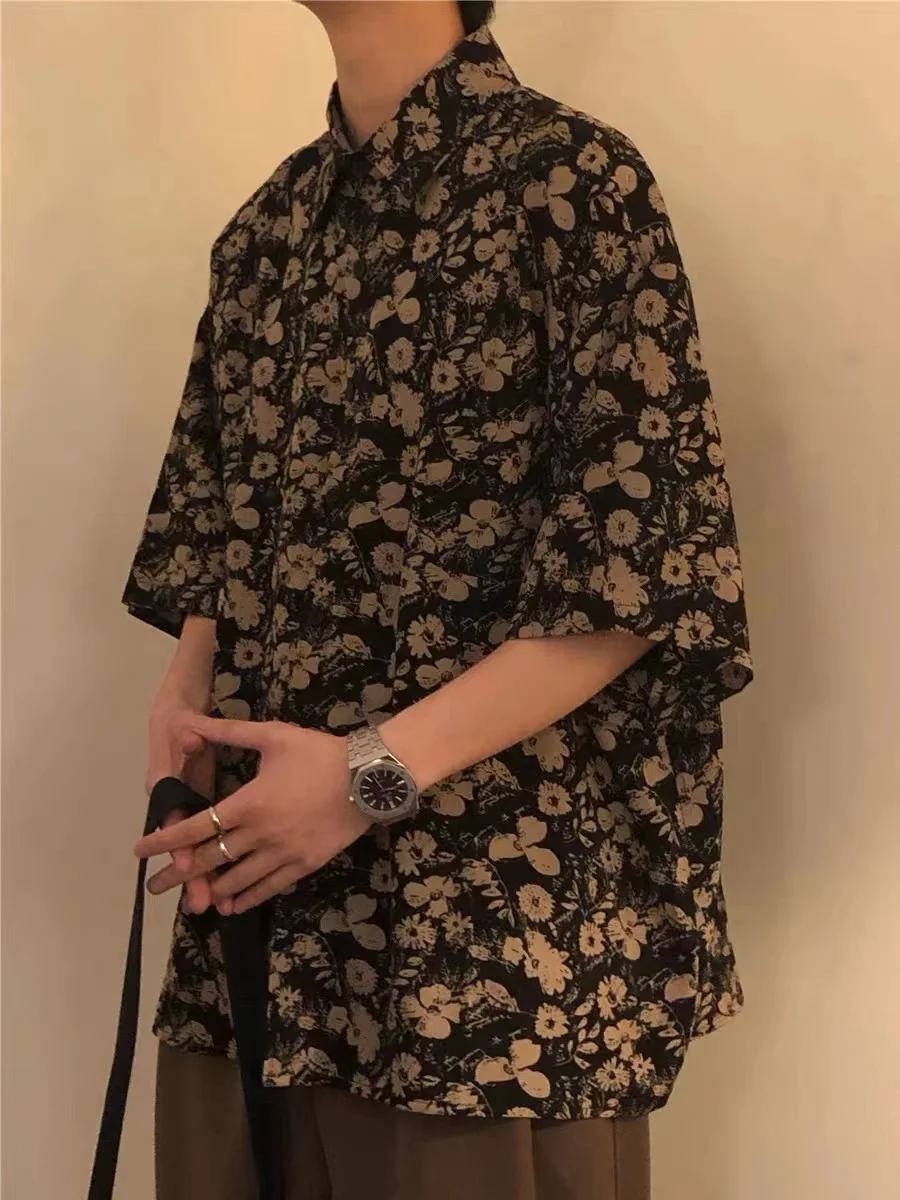 

Винтажная рубашка с кубинским воротником и цветочным принтом, свободного кроя, с коротким рукавом, пляжная одежда для мужчин и женщин, весна-лето, повседневная, удобная, из хлопка