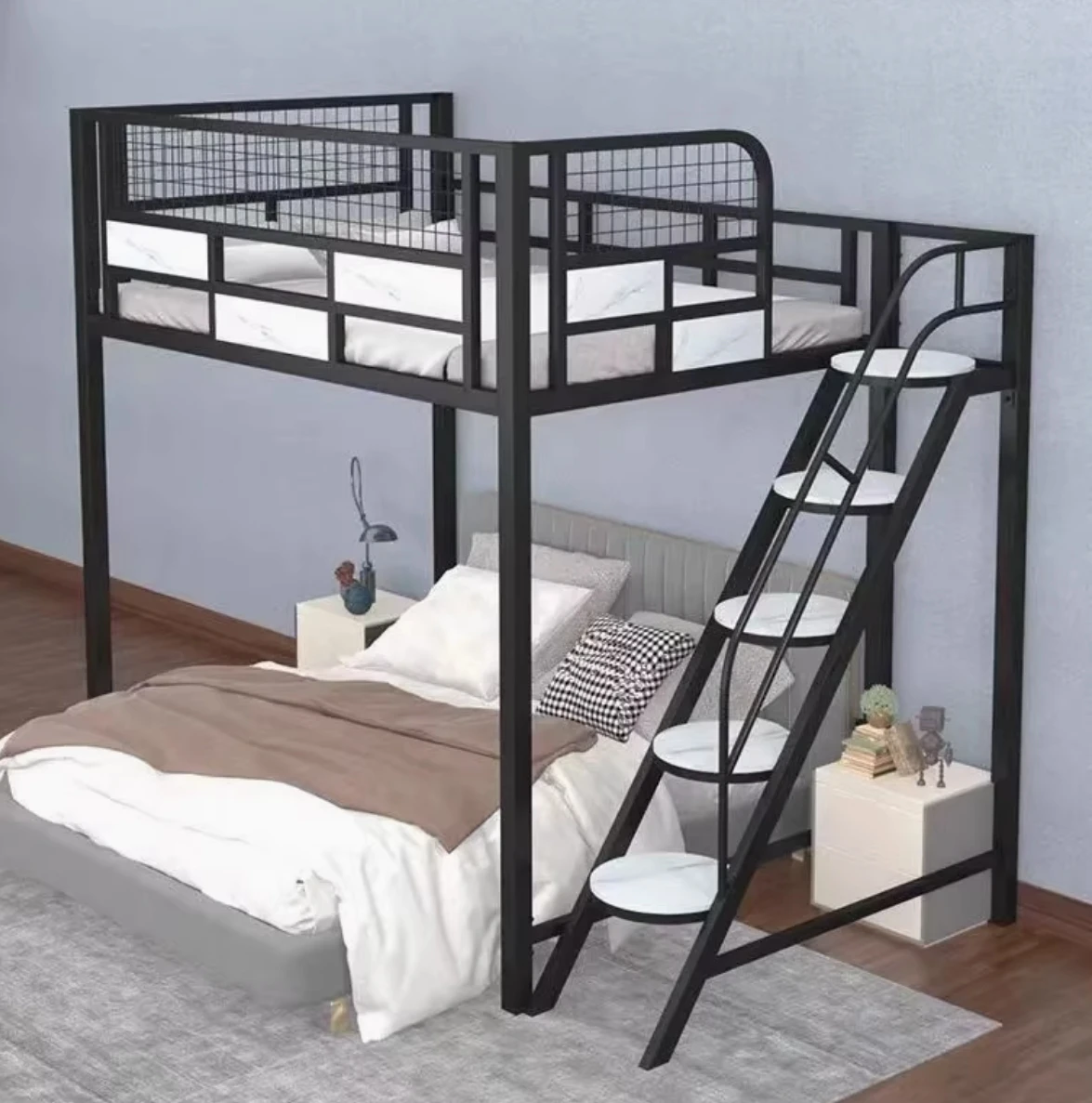 #Modern Durable Iron Loft Bunk Bed Second Floor Duplex Staggered Upper Lower Beds Small Apartment Wardrobe Suspended Upper Bed