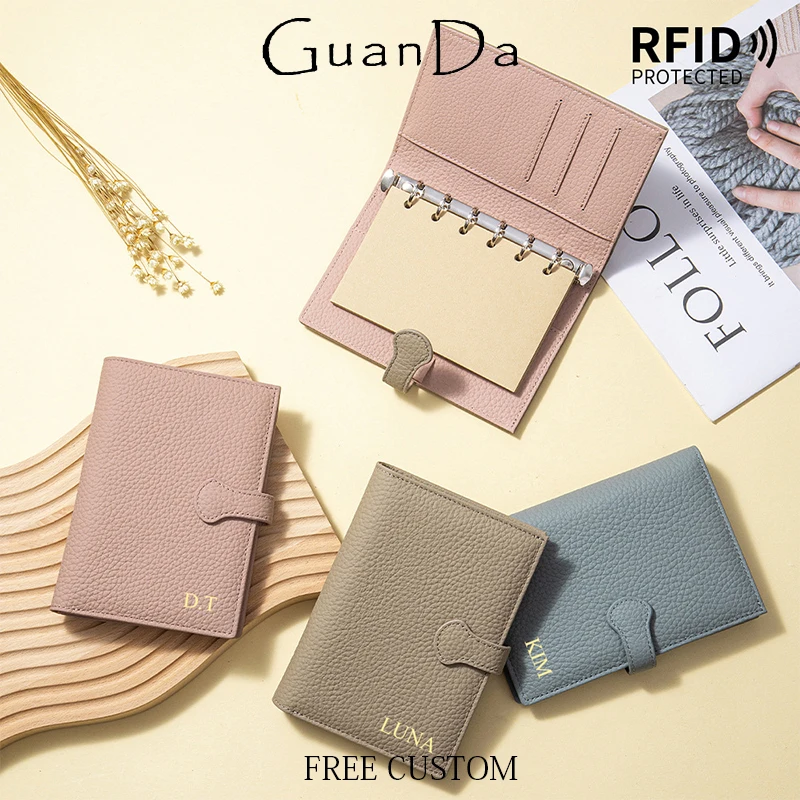 Custom Initials Cowhide Luxury Travel Wallet Loose-leaf Notebook Multifunction Card Holder Woman RFID DIY Name Passport Cover