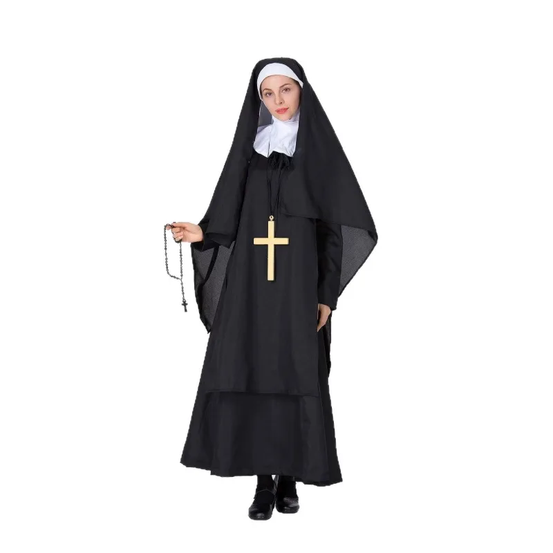 Gothic Nun Costume for Women Black Tunic with White Guimpe for Halloween Party Vampire Theme Cosplay and Theatre Performance view 4