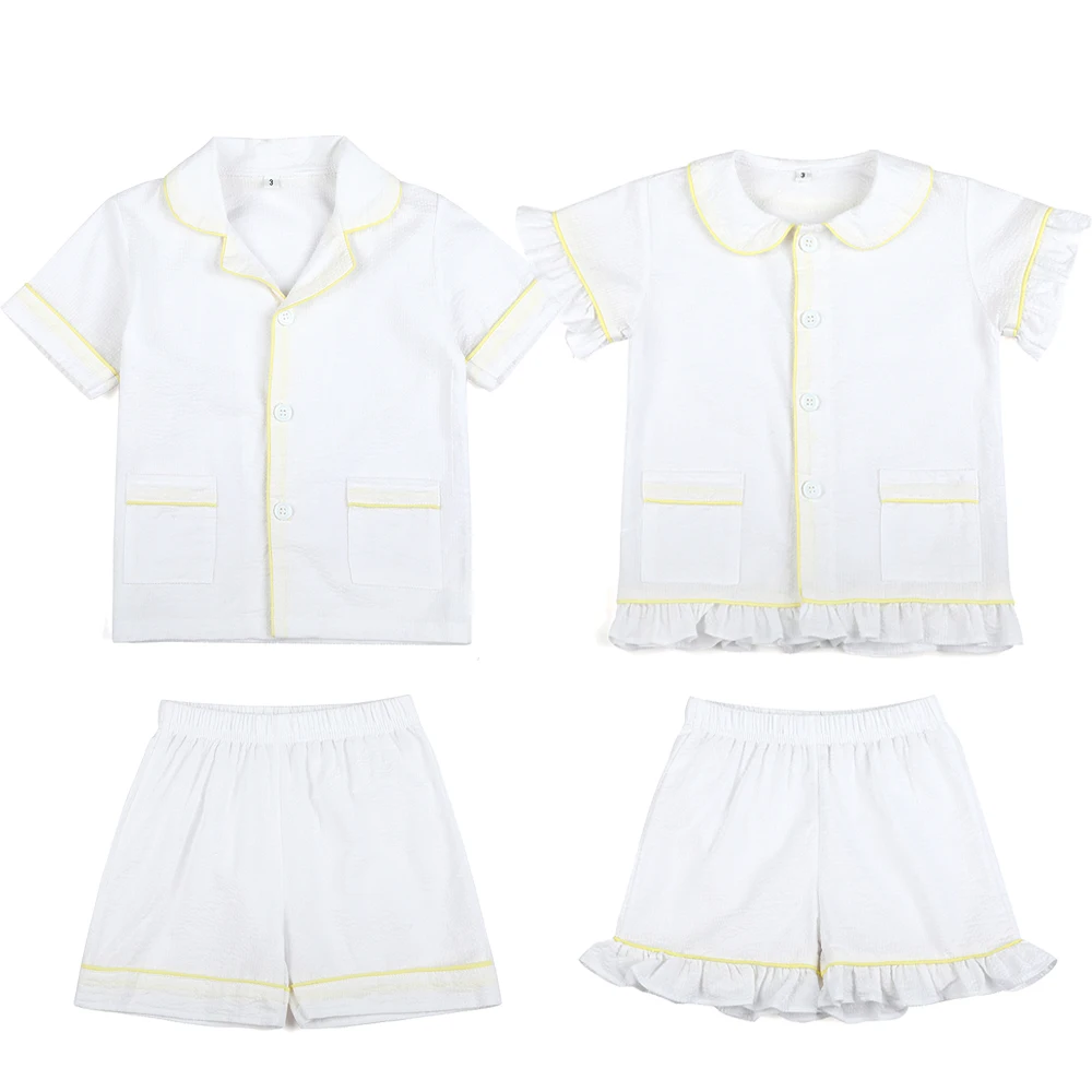 Ropa de verano para bebé, conjunto de pijamas de manga corta 100% de algodón de Seersucker blanco para niños y niñas, pijamas a juego con volantes