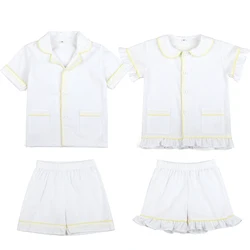 Pyjama d'été en seersucker blanc pour bébés, 100% coton, manches courtes, ensemble pour enfants, à volants assortis pour frères et sœurs, garçons et filles