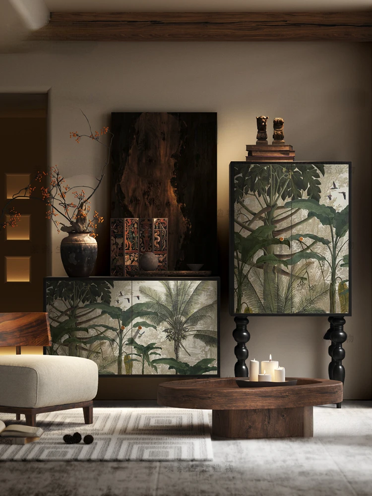 Jungle Style Living Room Entrance Cabinet Solid Wood Storage Cabinet Multi-Layer Locker Household Chest of Drawers