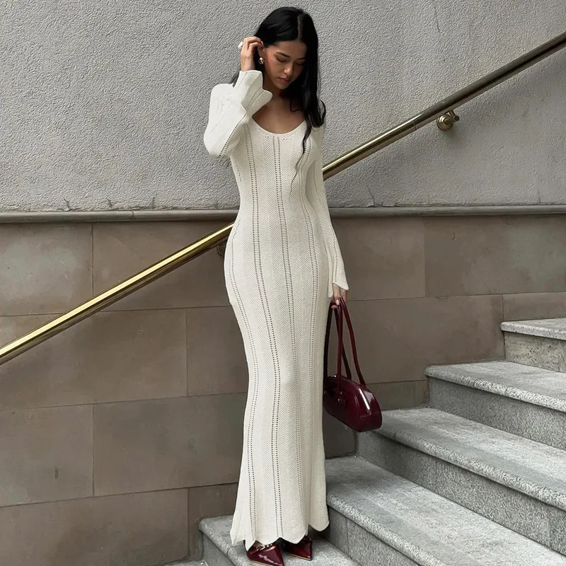 

Elegant Knitted Maxi Beach White Dress Women Backless Flare Long Sleeve Bodycon Dresses Vacation Party Solid Prom Outfit