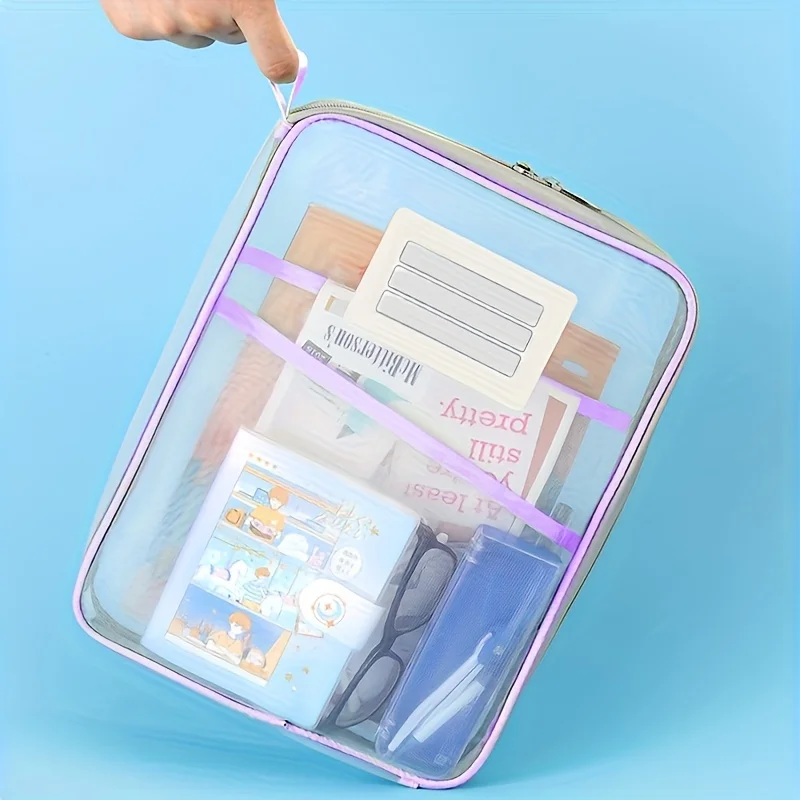 1pc A4 Zipper Folders-3-layer Thick Mesh and Transparent Nylon File Organizer with Sticker Handle,  with Durable Zipper Closure