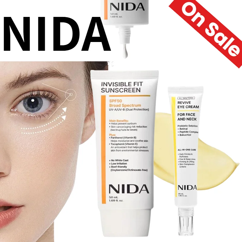 Set de Cuidado de la Piel NIDA, Protector Solar Invisible SPF50 y Crema Revitalizante para Ojos, Protección UVA/UVB, Crema Antienvejecimiento para Ojeras