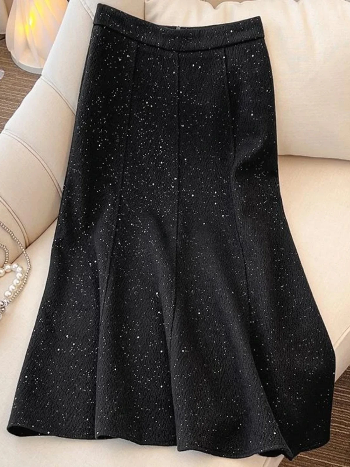 

High Waist A-Line Midi Fish Tail Skirt in Woolen Fabric for plus Size Women Spring Fashion Starry Half Body Skirt