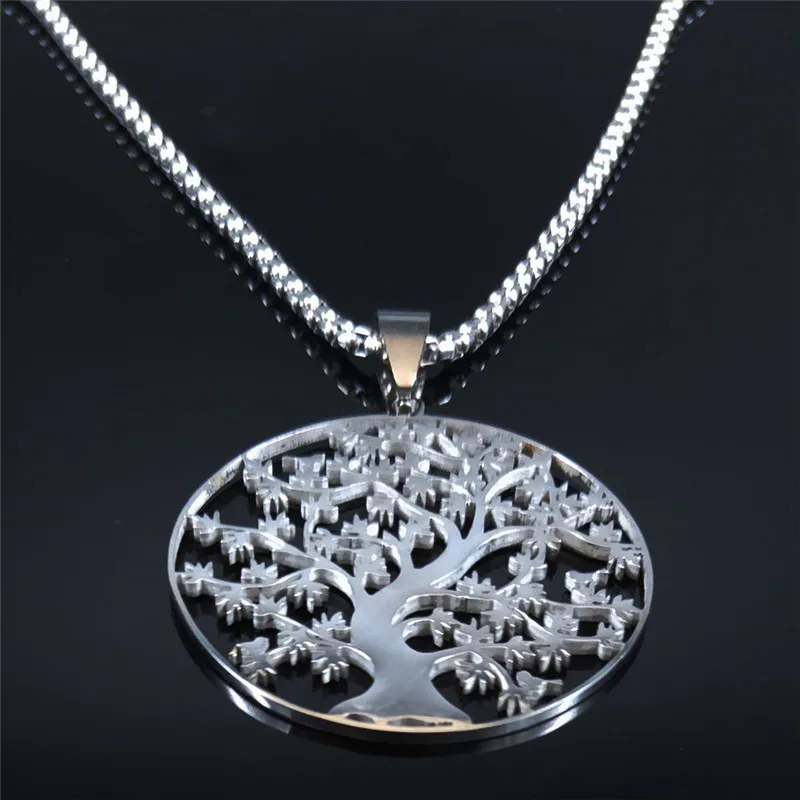Tree of Life Stainless Steel Fashion Necklaces Women Statement Necklace Silver Color Chain Necklace Jewelry bayan kolye N7057S01