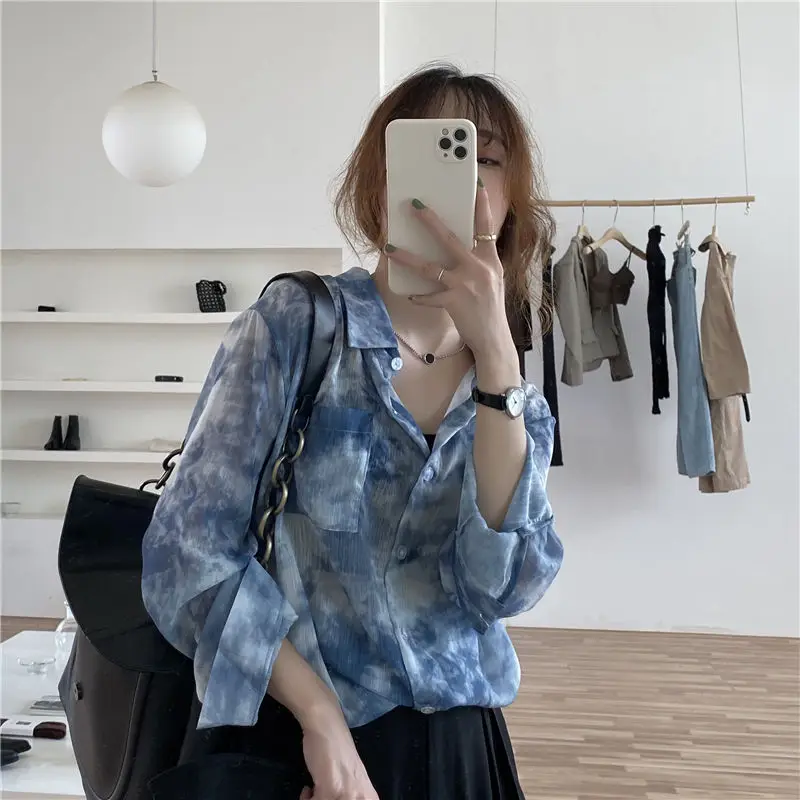 Stylish Ink and Wash Tie Dye Long Sleeves Shirt for Women Spring Autumn New Loose Slimming Casual Temperament Trendy Shirt Top