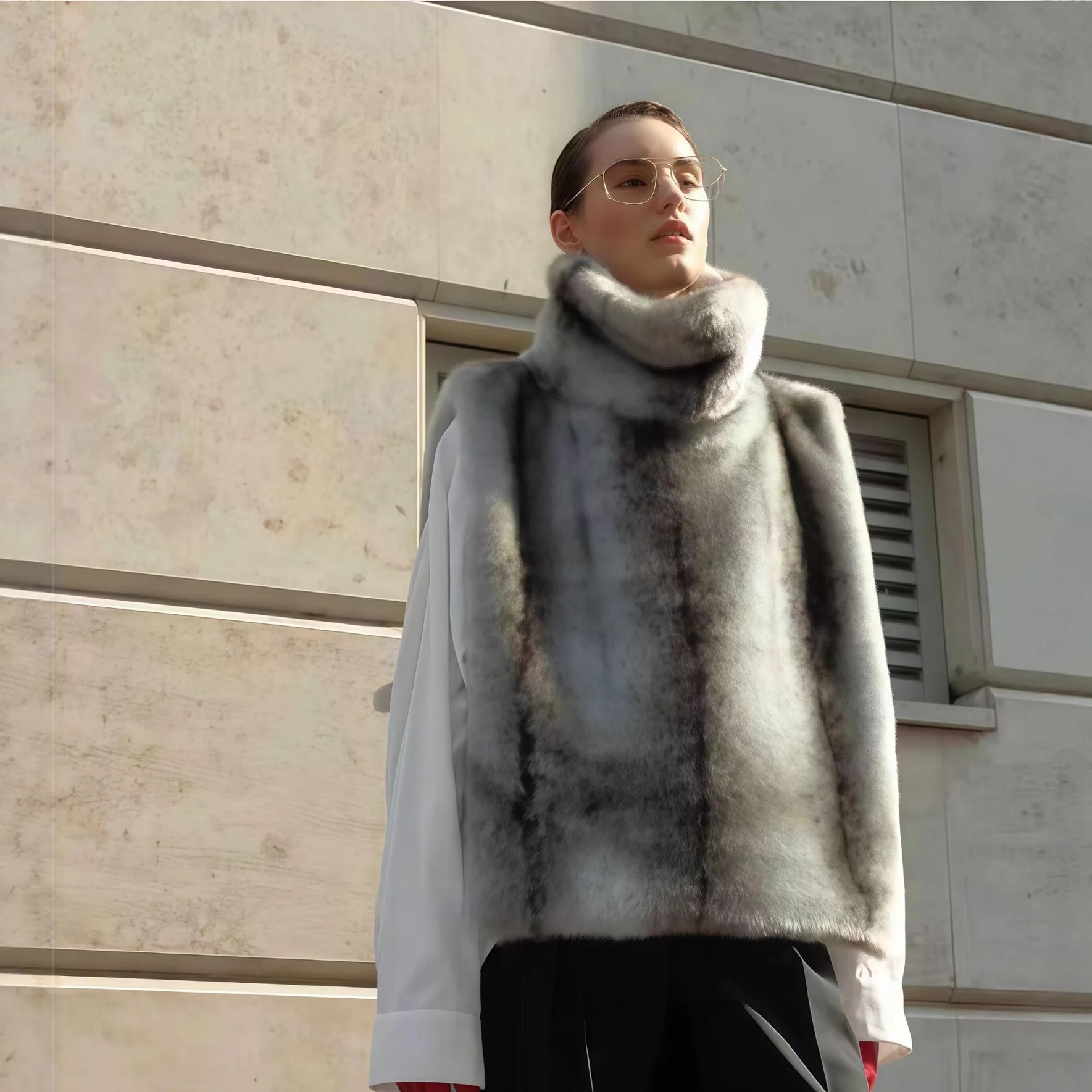 تصميم الشتاء النساء ايكو الفراء سترة فضفاضة الفضة الرمادية الدائمة طوق سيدة فرو منك سترة أفخم أكمام معطف الفرو للإناث #1