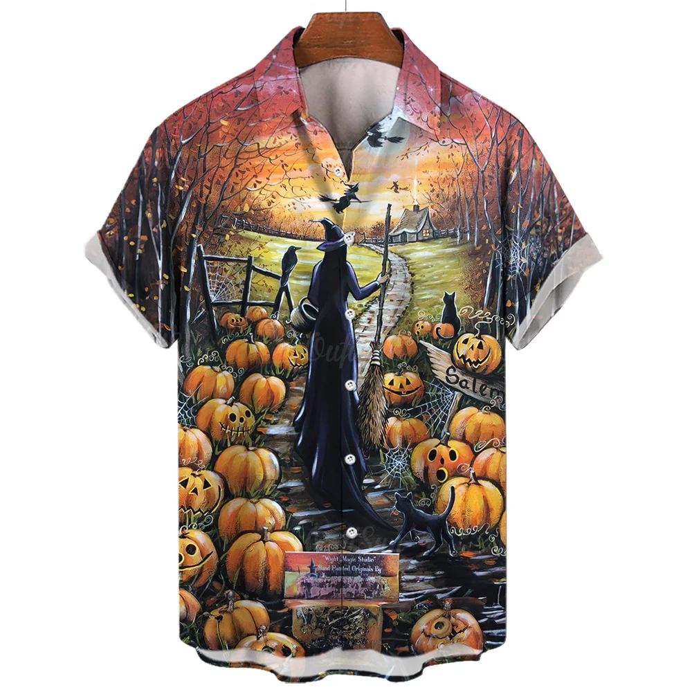 Halloween Ghost scarecrow pumpkin bat Shirts For Men 3d Horror skull Printed High-Quality Beach Fashion Short Sleeved Hawaiian